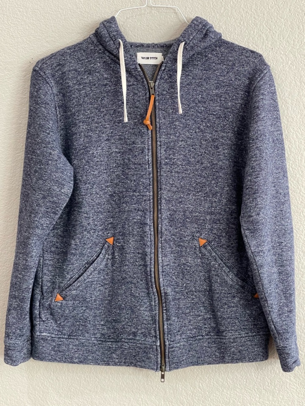 Taylor Stitch Apres Men’s Heather Navy Zip-Up Hoodie with Contrast Leather Tabs